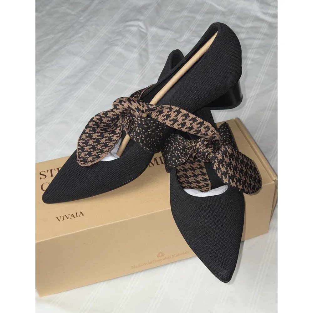 Vivaia Pointed-Toe Block Heel Mary Jane Knit Pumps Houndstooth Bow Size 7.5 EU38